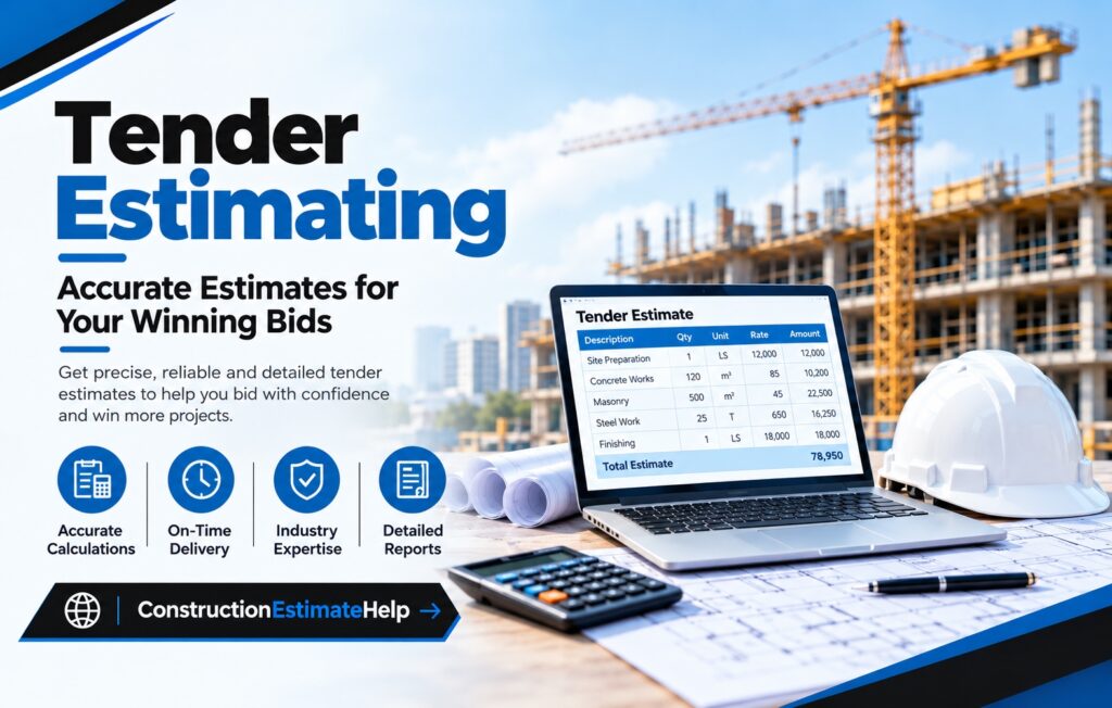 Get accurate Tender Estimating with ConstructionEstimateHelp. Prepare detailed project cost estimates, improve bid accuracy, control construction costs, and make informed pricing decisions for residential and commercial building projects.
