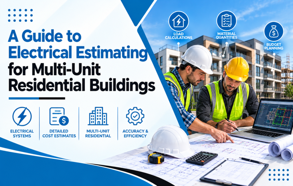 The first step is reviewing architectural, electrical, mechanical, and structural drawings. Estimators identify electrical devices, circuits, panels, fixtures, cable routes, and equipment shown in the plans.